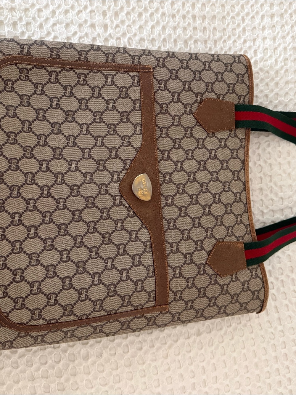 Gucci Brown GG Canvas Tote with Green and Red Web Handles
